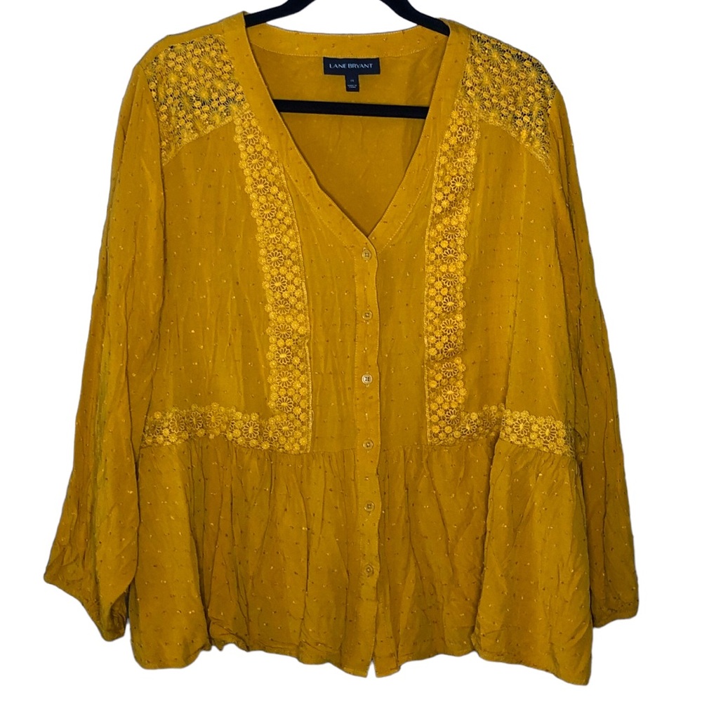 Lane Bryant Goldenrod Yellow Textured Boho Floral V Neck Buttoned Blouse Size 22